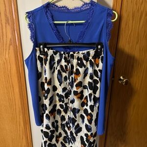 Blue Lace Top and Animal Print Skirt Set